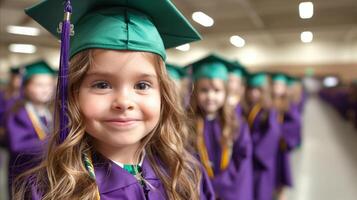 joven niña en graduación gorra y vestido sonriente con orgullo foto