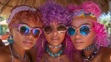 Three Friends in Vibrant Festival Attire Posing on a Sunny Day photo