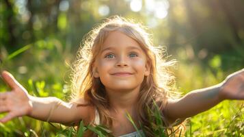 Smiling Young Girl in Sunlit Meadow at Sunset photo