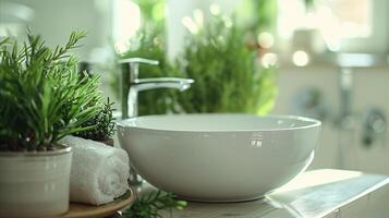 Fresh Herbs by Kitchen Sink With White Bowl and Towel photo