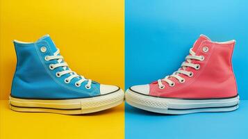 Vibrant Blue and Pink Canvas Sneakers Against Dual-Tone Background photo