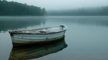 Solitary Boat on a Misty Lake at Dawn photo