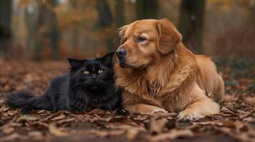 Golden Retriever and Black Cat Together in Autumn Forest photo