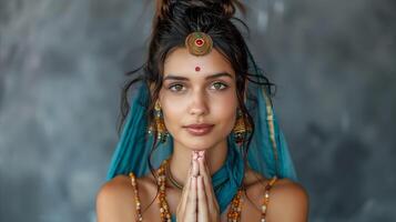 Serene Woman in Traditional Attire With Namaste Gesture photo