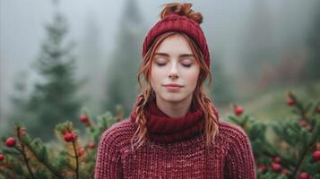 Serene Woman in Autumn Attire Against Misty Forest Backdrop photo