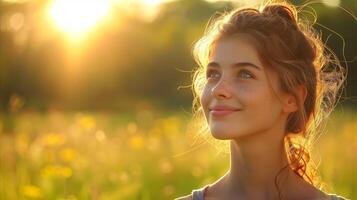 Serene Sunset Glow on Smiling Young Woman in Flower Field photo