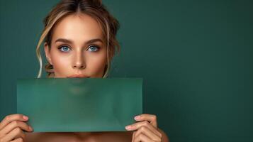 Woman Holding a Translucent Green Sheet Over Her Face photo