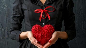 Woman Holding Red Heart-Shaped Object With Bowtie Detail photo
