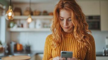 Red-Haired Woman Using Smartphone Indoors photo