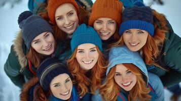 Group of Smiling Friends Enjoying a Winter Day Outdoors photo
