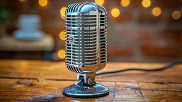 Vintage Microphone on Wooden Table With Bokeh Background photo