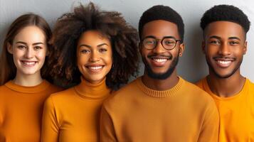 cuatro amigos en pareo naranja camisas sonriente juntos foto