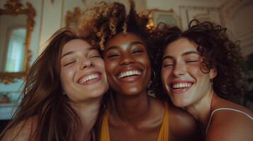 Joyful Friends Embracing in Elegantly Decorated Room photo