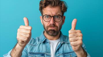 Confused Man Giving Thumbs Up Against Blue Background photo