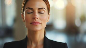 Serene Businesswoman Taking a Mindful Breathing Break Indoors photo