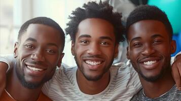 Tres sonriente hombres planteado juntos en natural ligero foto