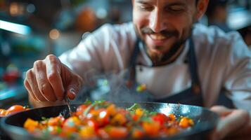 cocinero Condimento vegetales en un pan en un profesional cocina foto