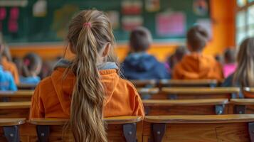 Young Student in Orange Attending a Classroom Lesson photo