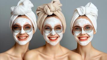 Three Women Enjoying a Pampering Session With Facial Masks photo