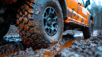 Off-Road Vehicle Tackling Muddy Terrain at Dusk photo