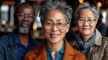 Portrait of Three Smiling Senior Friends Together Indoors photo