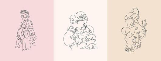 Set of Continuous Line Art of Motherhood, Happy Mother day, one line drawing, parent and child silhouette hand drawn. illustration vector