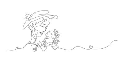 Continuous Line Art of Motherhood, Baby flowers, Happy Mother day card, one line drawing, parent and child silhouette hand drawn. illustration vector