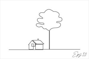 continuous line art drawing of house with tree vector