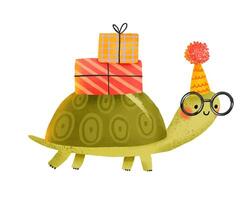 Set of cartoon turtles celebrating birthday. Collection. Hand d vector