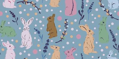 a pattern with rabbits and flowers on blue background vector