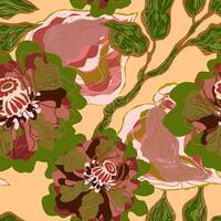 a pattern with flowers and leaves on a yellow background vector
