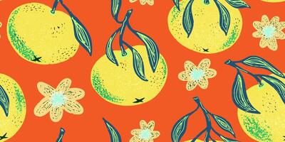 a pattern with lemons and flowers on an orange background vector