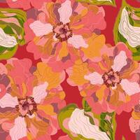 a pattern with pink and orange flowers on a red background vector