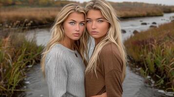 Twin Sisters Posing in Autumn Wetlands at Dusk photo