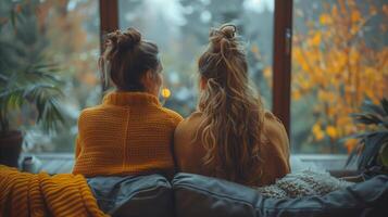 Two Friends Enjoying a Cozy Autumn Day Indoors photo