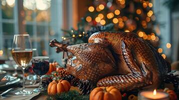 Festive Roasted Turkey on a Holiday Table During Christmas photo