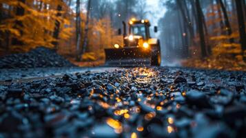 Dusk Roadwork in Autumn Forest With Approaching Bulldozer photo