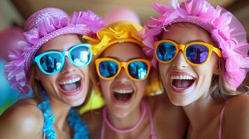 Three Friends in Vibrant Swim Caps and Sunglasses Enjoying Summer Fun photo