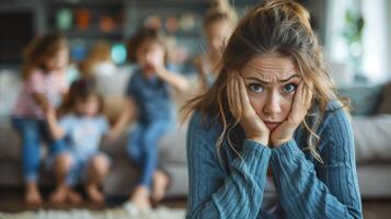 Stressed Mother Overwhelmed by Childrens Playtime Chaos photo