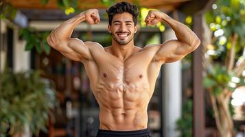 muscular hombre flexionando bíceps al aire libre en luz foto