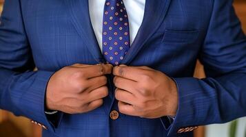 hombre en azul traje abotonarse chaqueta foto