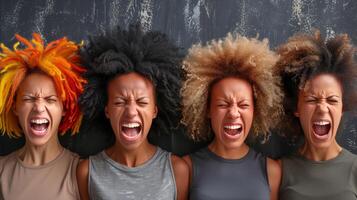 Four Women Yelling With Dynamic Hairstyles Against a Dark Background photo