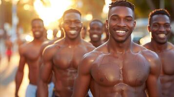 grupo de alegre sin camisa hombres corriendo juntos a puesta de sol foto