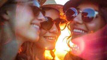 Golden Hour Smiles of Three Friends at Summer Festival photo