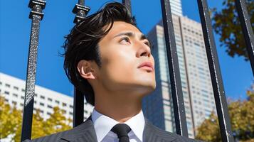 Young Businessman Gazing Upwards in Urban Setting on Sunny Day photo