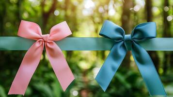 Pink and Blue Ribbons Tied on a Green Fence Outdoors photo