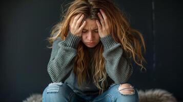 Distressed Young Woman Sitting Alone With Head in Hands photo