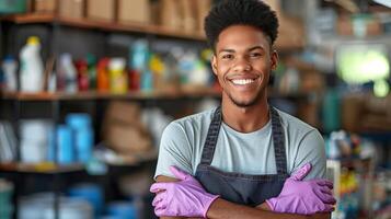 Smiling Worker With Protective Gloves in a Cleaning Supplies Warehouse photo