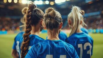 Female Soccer Players Poised for Match at Dusk photo