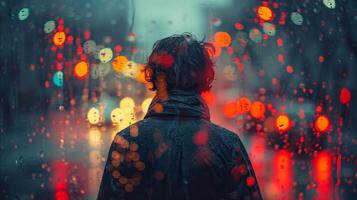 A person standing in the rain at night with lights shining in the background. photo